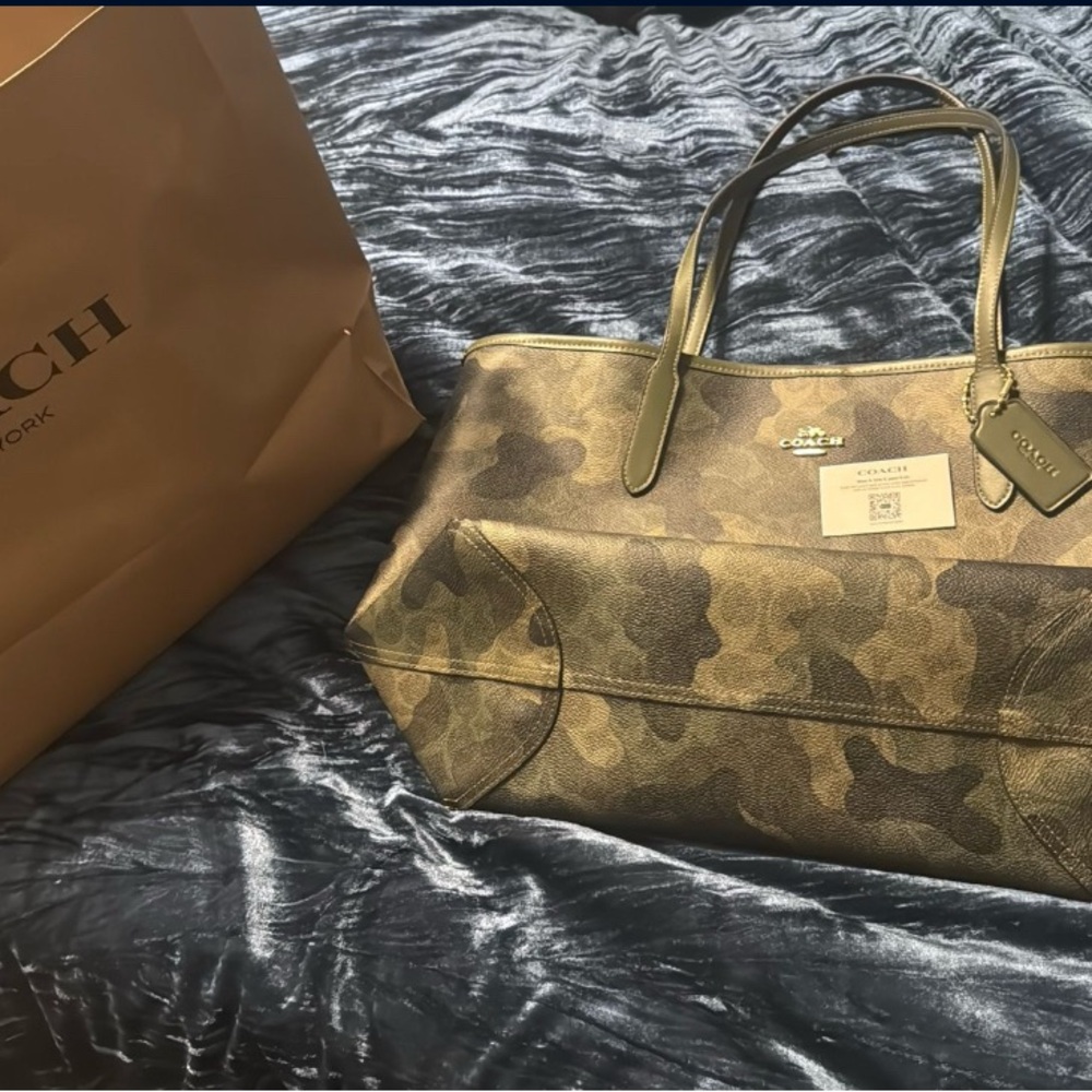 Coach Green Camo Tote Bag with Leather Handles